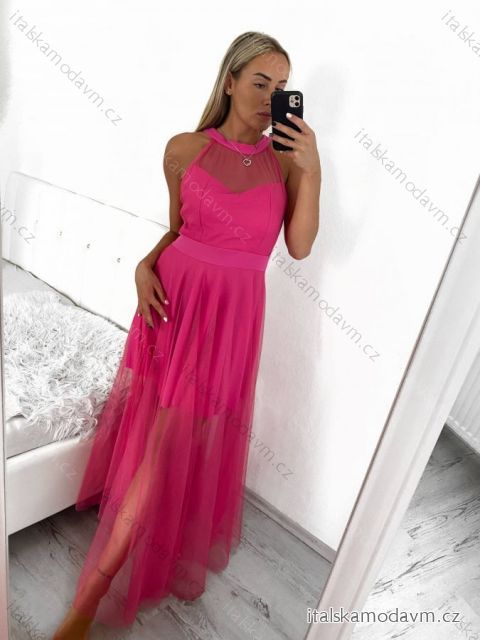 Šaty tilové elegantné bez rukávov dámske (S/M ONE SIZE) TALIANSKA MÓDA IMM22Q52235A/UL tmavo ružová