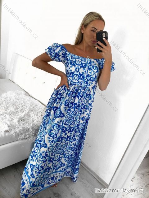 Šaty dlouhé letní carmen dámské SANTORINI  (S/M ONE SIZE) ITALSKÁ MÓDA IMPBB2323598/DUR S/M modro-bíla