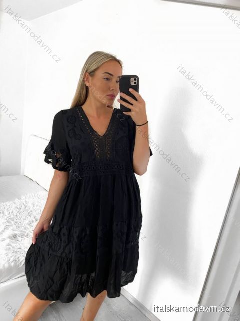 Šaty letní nadměrné krajkové krátký rukáv dámské M/L ONE SIZE) ITALSKÁ MÓDA IMBM230501/DUR M/L Černá
