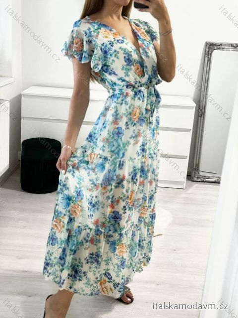 Šaty letní dlouhé šifonové květované krátký rukáv dámské (S/M ONE SIZE) ITALSKÁ MÓDA IMM23M7626/DU S/M modrá