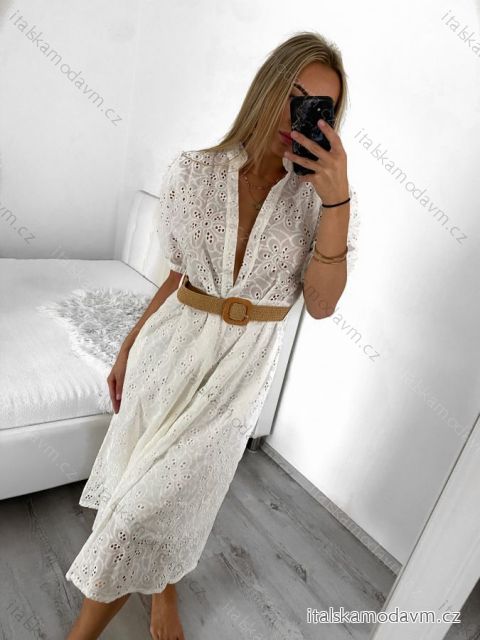 Šaty košeľové čipkované s opaskom bavlnené dámske (S/M ONE SIZE) TALIANSKA MÓDA IMM23BR1837/DU S/M biela