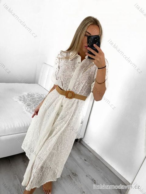 Šaty košilové krajkované s páskem krátký rukáv dámské (S/M ONE SIZE) ITALSKÁ MÓDA IMM23BR1956/DU S/M biela