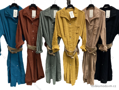 Šaty košilové mušelínové s páskem dlouhý rukáv dámské nadrozměr (XL/2XL/3XL ONE SIZE) ITALSKÁ MÓDA IMC23302