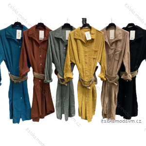 Šaty košilové mušelínové s páskem dlouhý rukáv dámské nadrozměr (XL/2XL/3XL ONE SIZE) ITALSKÁ MÓDA IMC23302