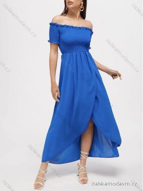 Šaty carmen dlouhé letní přes ramena dámské (S/M ONE SIZE) ITALSKÁ MÓDA IMM23M5350/DUR kr. mlodrá