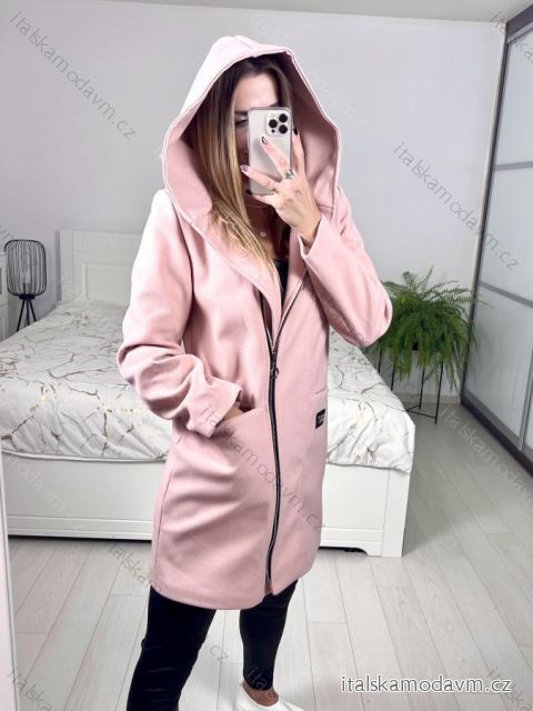 Kabát na zip s kapucí dlouhý rukáv dámský (S-2XL) ITALSKÁ MÓDA IMT22023/DU S světle růžová
