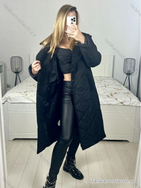 Kabát zimní s beránkem dlouhý rukáv dámský (S/M/L ONE SIZE) ITALSKÁ MÓDA IMD23010/DU M/L Černá