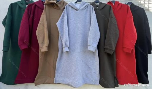 Šaty mikinové teplé oversize volnočasové s kapucí dlouhý rukáv dámské nadrozměr (2XL/3XL ONE SIZE) ITALSKÁ MÓDA IMD23789
