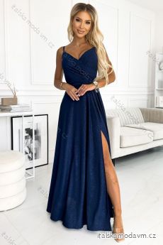 299-9 CHIARA elegantní maxi šaty na ramínka - tmavě modré se třpytkami