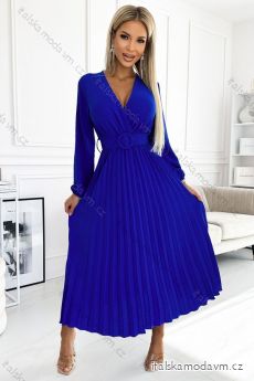 504-1 VIVIANA Plisované midi šaty s výstřihem, dlouhými rukávy a širokým páskem - modré