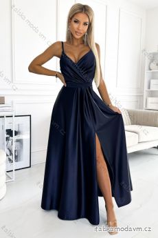 512-2 JULIET elegantní dlouhé saténové šaty s výstřihem - tmavě modrá