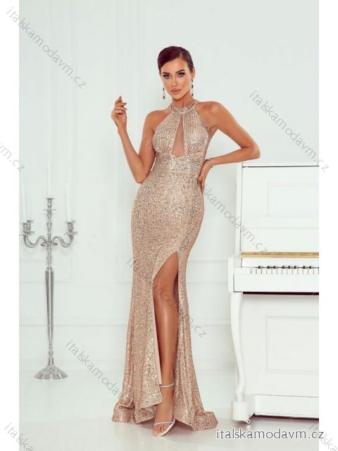 Šaty dlouhé společenské třpytivé s flitry bez rukávu dámské (34-40) POLSKÁ MÓDA PMLWD23INEZ1 zlatá 40