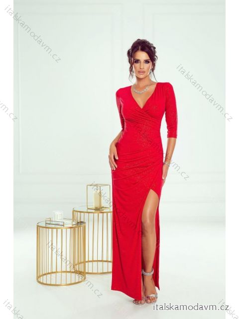 Šaty dlouhé společenské třpytivé s flitry 3/4 dlouhý rukáv dámské (34-44) POLSKÁ MÓDA PMLWD23OLIMPIA1 červená 42