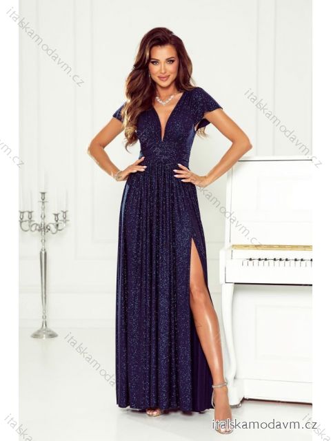 Šaty dlouhé společenské třpytivé s flitry krátký rukáv dámské nadrozměr (34-48) POLSKÁ MÓDA PMLWD23GABRIELA1 tmavo modrá 34