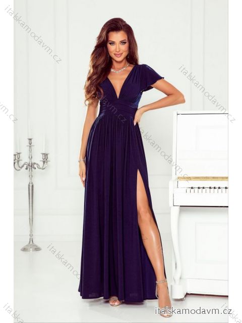 Šaty dlhé spoločenské krátky rukáv dámske nadrozmer (34-48) POLSKÁ MÓDA PMLWD23GABRIELA17 tmavo modrá 44