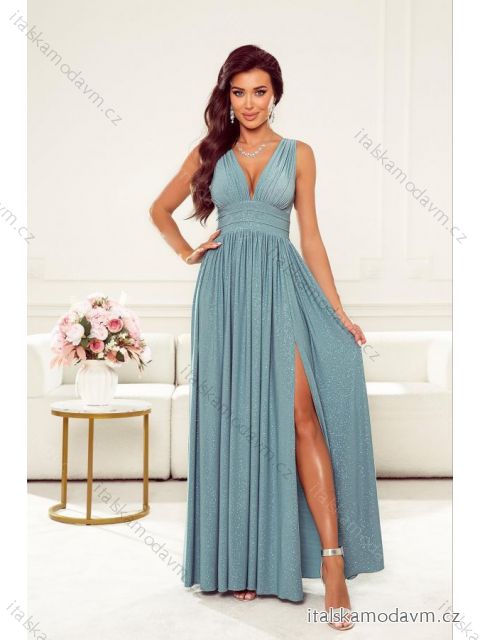 Šaty dlouhé společenské třpytivé s flitry bez rukávu dámské nadrozměr (34-46) POLSKÁ MÓDA PMLWD23VIRGINIA1 pistáciová 42