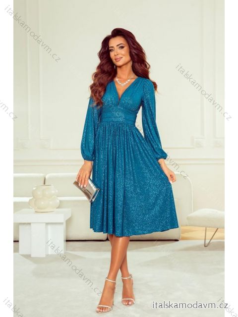 Šaty společenské třpytivé s flitry dlouhý rukáv dámské nadrozměr (34-46) POLSKÁ MÓDA PMLWD23KLARA1 tyrkysová 46