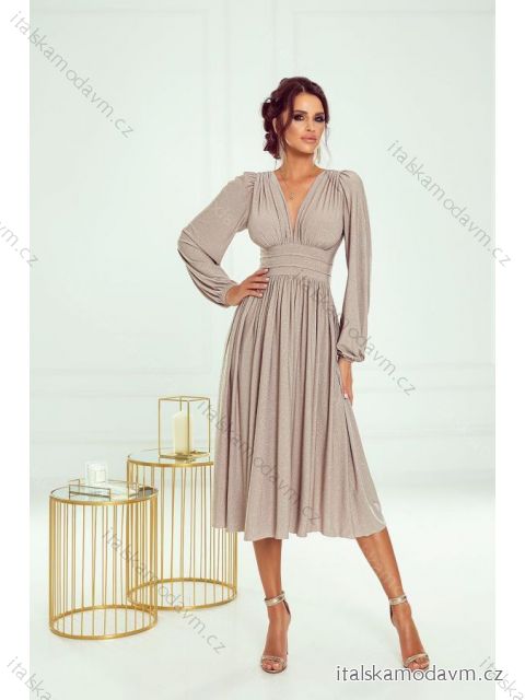 Šaty spoločenské trblietavé s flitrami dlhý rukáv dámske nadrozmer (34-46) POLSKÁ MÓDA PMLWD23KLARA6 béžová 38