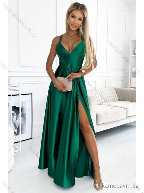 513-1 LUNA elegantní dlouhé saténové šaty s výstřihem a překříženými ramínky - zelené