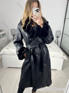 Kabát koženkový s kožíškem dlouhý rukáv dámský (S/M ONE SIZE) ITALSKÁ MÓDA  IMPGM238135/DU