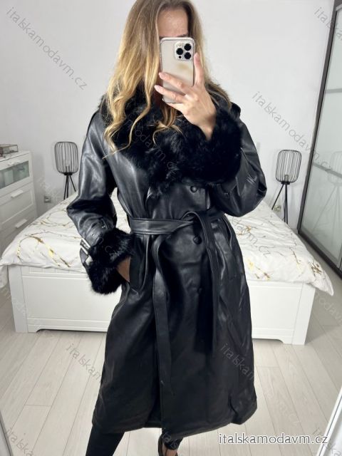 Kabát koženkový s kožíškem dlouhý rukáv dámský (S/M ONE SIZE) ITALSKÁ MÓDA  IMPGM238135/DU S/M Černá