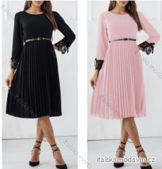 Šaty elegantní s páskem a skládanou sukní dlouhý rukáv dámské (S/M ONE SIZE) ITALSKÁ MÓDA IMWB234149
