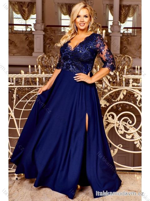Šaty dlhé elegantné spoločenské 3/4 dlhý rukáv dámske nadrozmer (38-54) POLSKÁ MÓDA PMLBF23CRYSTAL20 tmavo modrá 44