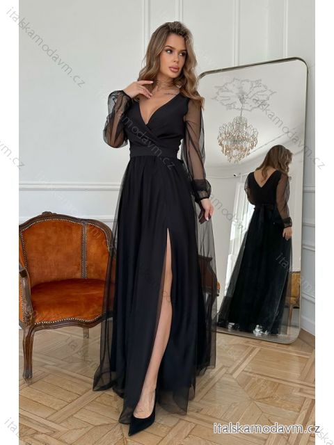 Šaty dlouhé elegantní společenské dlouhý rukáv dámské nadrozměr (34-44) POLSKÁ MÓDA PMLBC23302-062 Černá 38