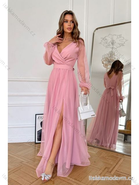 Šaty dlhé elegantné spoločenské dlhý rukáv dámske nadrozmer (34-44) POLSKÁ MÓDA PMLBC23302-20 ružová 36