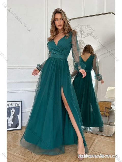 Šaty dlouhé elegantní společenské dlouhý rukáv dámské nadrozměr (34-44) POLSKÁ MÓDA PMLBC23302130 zelená 42