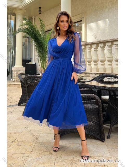 Šaty elegantní společenské dlouhý rukáv dámské (34-44) POLSKÁ MÓDA PMLBC23269-05 královská modrá 38