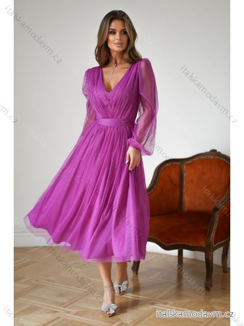 Šaty elegantní společenské dlouhý rukáv dámské (34-44) POLSKÁ MÓDA PMLBC23269-51 fuchsiová 42