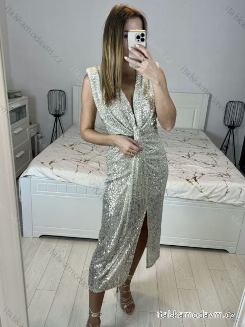 Šaty dlhé elegantné trblietavé s flitrami bez rukávov dámske (S/M ONE SIZE) TALIANSKA MÓDA IMPBB23B24183/DU S/M strieborná