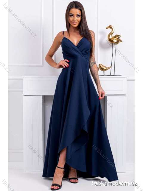 Šaty dlouhé elegantní společenské na ramínka dámské nadrozměr (36-42) POLSKÁ MÓDA PMLBF23LIVIA9 tmavě modrá 38