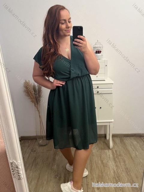 Šaty krátký rukáv dámské nadrozměr (XL/2XL/3XL ONE SIZE) ITALSKá MóDA IM423ANTONIA/DUR smaragdová
