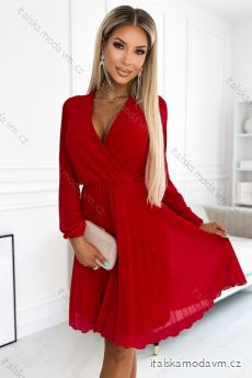 313-13 ISABELLE Plisované šaty s dlouhým rukávem a psaníčkovým výstřihem - červené