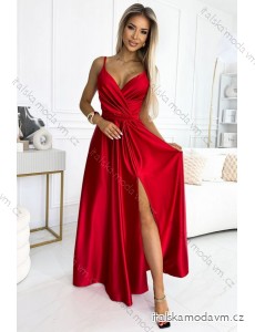 512-5 JULIET elegantní dlouhé saténové šaty s výstřihem a rozparkem u nohavic - červené