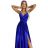 512-4 JULIET elegantní dlouhé saténové šaty s výstřihem a rozparkem u nohavic - královská modrá