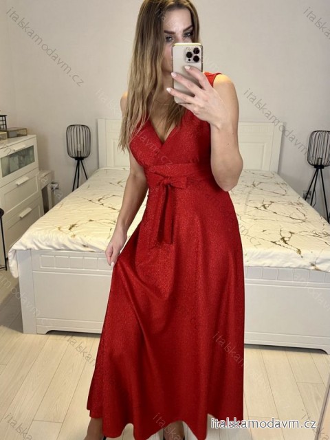 Šaty dlouhé třpytivé společenské na ramínka dámské (S/M/L ONE SIZE) ITALSKÁ MÓDA IMC23501/DUR M/L červená