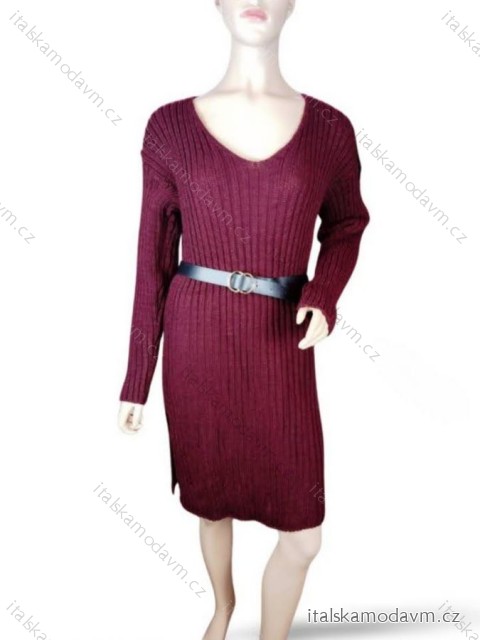 Šaty pletené s páskem dlouhý rukáv dámské (S/M/L ONE SIZE) ITALSKá MóDA IMD23848/DR M/L vínová