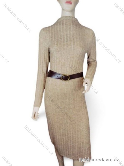 Šaty dlouhé úpletové s páskem dlouhý rukáv dámská (S/M ONE SIZE) ITALSKÁ MÓDA IMM23M8369/DR S/M béžová