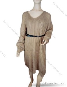 Šaty pletené s páskem dlouhý rukáv dámské (S/M ONE SIZE) ITALSKÁ MÓDA IMM23M5173/DR