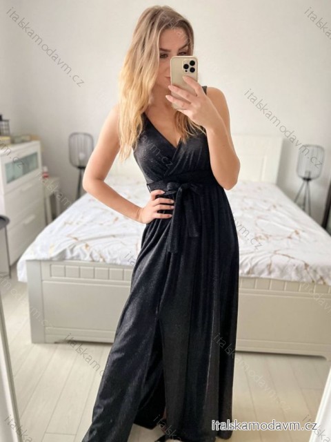 Šaty dlhé třpytivé spoločenské na ramienka dámske (S/M/L ONE SIZE) TALIANSKA MÓDA IMC23490/DU M / L čierna
