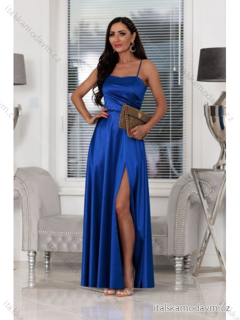 Šaty dlhé saténové spoločenské na ramienka dámske (34-42) POLSKÁ MÓDA PMLEL24NATHALIE 40 kráľovská modrá