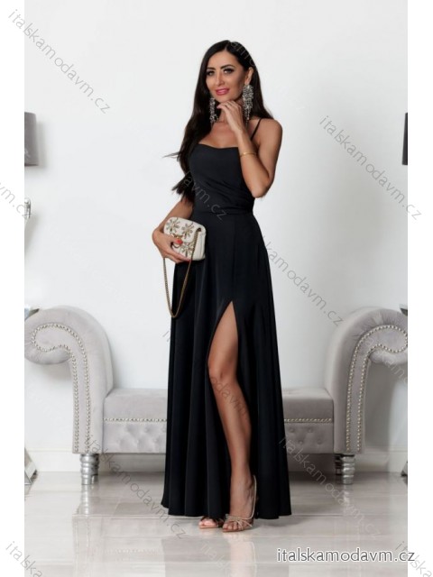 Šaty dlouhé saténové společenské na ramínka dámské (34-42) POLSKÁ MÓDA PMLEL24NATHALIE1 34 Černá