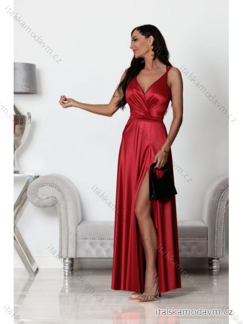 Šaty dlouhé saténové společenské na ramínka dámské (34-40) POLSKÁ MÓDA PMLEL24MARINA2 červená 36