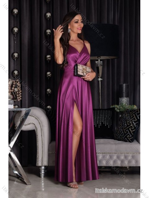 Šaty dlouhé saténové společenské na ramínka dámské (34-40) POLSKÁ MÓDA PMLEL24MARINA3 fialová 36