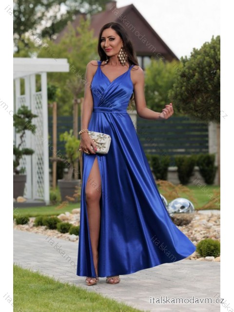 Šaty dlouhé saténové společenské na ramínka dámské (34-40) POLSKÁ MÓDA PMLEL24MARINA4 modrá 38