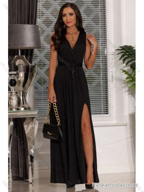 Šaty dlouhé třpytivé společenské na ramínka dámské (S-XXL) POLSKÁ MÓDA PMLEL24SALMA Černá XXL