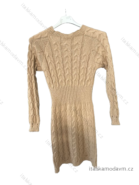 Šaty teplé pletené dlhý rukáv dámske (S/M ONE SIZE) TALIANSKA MÓDA IMWBL23011/DUR tm. béžová